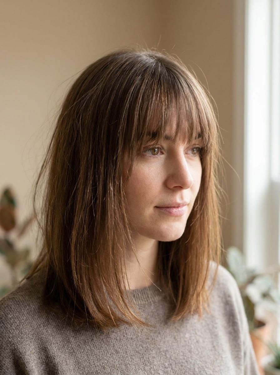 Schulterlange Haare mit geradem Pony - mittellange Frisur mit Pony